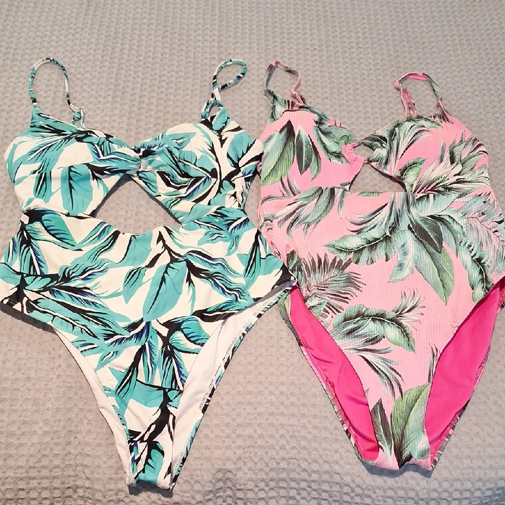 Pink Lily Tropical Leaf Print One Piece Swimsuits - Pink and Blue